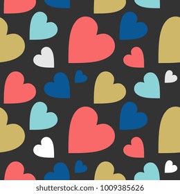 Seamless love pattern with 90s Memphis colorful style art in black background.