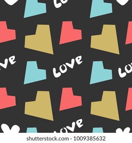 Seamless love pattern with 90s Memphis colorful style art in black background.