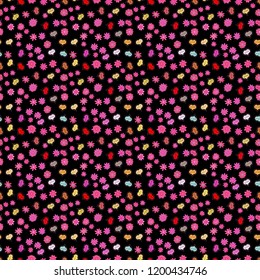 Seamless Love pattern. Background of big and small hearts with swirls in black, pink and yellow colors. Love background. Vector illustration.
