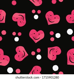 Seamless love pattern background smiling hearts and dots repeat endless cover texture for textile, wrapping paper, wallpapers, curtains, clothing, linens, fashion fabric prints