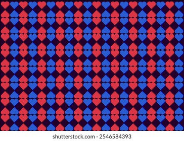 Seamless love pattern with blue and red hearts on a dark purple background, ideal for Valentine's Day and romantic designs.