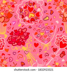 Seamless love pattern. Bouquets of hearts on a pink background. Bright simple Doodle style. Vector.