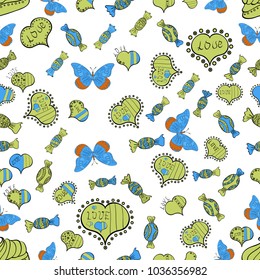 Seamless love pattern. Cartoon hearts love on neutral, white and blue colors on cute background. Our love is magic. Vector illustration.