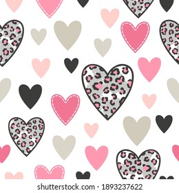 Seamless love pattern with cartoon pink hearts. Valentines day vector illustration.