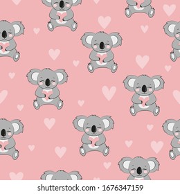 Seamless love pattern with cute cartoon koala and hearts.	