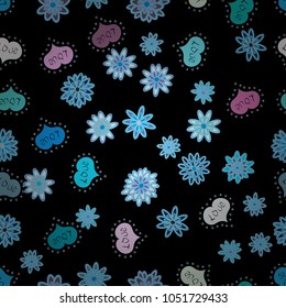 Seamless love pattern with cute hearts, envelopes, doodles. Hand drawn illustration in cartoon style on black, blue colors. Art for background texture design for web, print, textile, fabric.Vector.