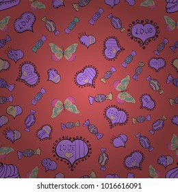 Seamless love pattern with cute lettering text and hearts, envelopes, doodles. Hand drawn illustration in cartoon style on pink, violet and beige colors. Design for web, print, textile, fabric.Vector.