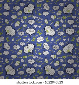 Seamless love pattern with cute lettering calligraphy text and hearts, envelopes. Art for background texture design. Vector. Hand drawn illustration in cartoon style on blue, white and black colors.