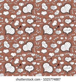 Seamless love pattern with cute lettering calligraphy text and hearts, envelopes, doodles. Vector design. Graphic hearts love on brown, white and black colors. Hand drawn illustration in cartoon style
