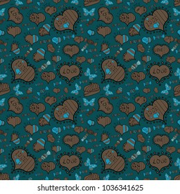 Seamless love pattern with cute lettering calligraphy text and hearts, envelopes. Art for web, textile, fabric. Hand drawn illustration in cartoon style. Vector. Graphic on blue, brown, black colors.