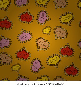 Seamless love pattern with cute lettering calligraphy text and hearts, envelopes, doodles. Symbol valentines day. Border wedding. Vector heart. Swirls in yellow, black and red colors.