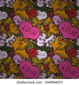 Seamless love pattern with cute lettering calligraphy text and hearts, envelopes, doodles. Hand drawn illustration in cartoon style on black, yellow and pink colors. Art for background texture.Vector.