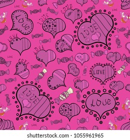 Seamless love pattern with cute lettering calligraphy text and hearts, envelopes, doodles. Hand drawn illustration in cartoon style. Vector design. Graphic hearts love on pink, black and purple colors