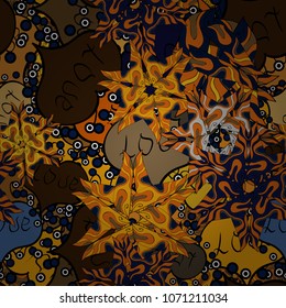 Seamless love pattern with cute lettering calligraphy text and hearts, doodles. Vector. Graphic hearts love on brown, orange, black, blue and yellow colors. Hand drawn illustration in cartoon style.