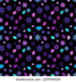 Seamless love pattern with cute lettering calligraphy text and hearts, envelopes, doodles. Hand drawn illustration in cartoon style on black, violet, blue, purple and pink colors. Vector.