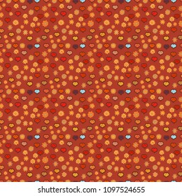 Seamless love pattern with cute lettering calligraphy text and hearts, envelopes, doodles. Vector. Cute. Hand drawn illustration. Graphic hearts love on orange, brown, yellow, red and black colors.