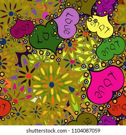 Seamless love pattern with cute lettering calligraphy text and hearts, envelopes, doodles. Art for background texture. Vector. Hand drawn illustration in cartoon style on green, yellow, black colors.