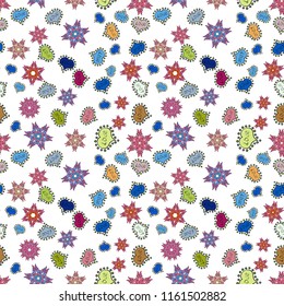 Seamless love pattern with cute lettering calligraphy text and hearts, envelopes, doodles. Hand drawn illustration in cartoon style on white, blue and pink colors. Vector.