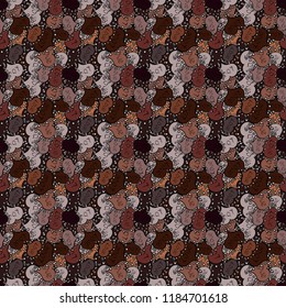 Seamless love pattern with cute lettering calligraphy text and hearts, envelopes, doodles. Vector. Art for background texture. Hand drawn illustration in cartoon style on brown, black and beige colors