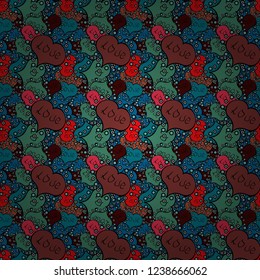 Seamless love pattern with cute lettering calligraphy text, hearts, envelopes, doodles. Art for background texture design.Vector. Hand drawn illustration in cartoon style on black, blue, brown colors.