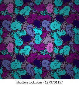 Seamless love pattern with cute lettering calligraphy text, hearts, envelopes, doodles. Art for background texture design.Vector. Hand drawn illustration in cartoon style on blue, black, purple colors