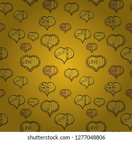Seamless love pattern with cute lettering calligraphy text. Vector. Hand drawn illustration in cartoon style on yellow, black, brown colors. Art for background texture design for web, print, textile.