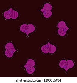 Seamless love pattern with cute lettering calligraphy text and hearts, envelopes, doodles. Border wedding. Swirls in purple, brown and black colors. Symbol valentines day. Vector heart.