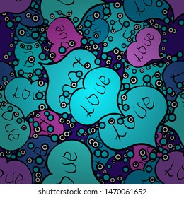 Seamless love pattern with cute lettering calligraphy text and hearts, envelopes, doodles. Vector heart. Swirls in blue, violet and black colors. Border wedding. Symbol valentines day.