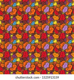 Seamless love pattern with cute lettering calligraphy text and hearts, envelopes. Vector. Hand drawn illustration in cartoon style. Art for web, textile, fabric. Graphic on black, red, orange colors.