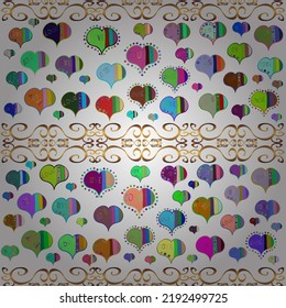 Seamless love pattern with cute lettering calligraphy text and hearts, envelopes, doodles. Graphic hearts love on enjoyable colors. Hand drawn illustration in cartoon style. Vector illustration