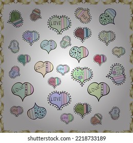 Seamless love pattern with cute lettering calligraphy text and hearts, envelopes, doodles. Graphic hearts love on enjoyable colors. Hand drawn illustration in cartoon style. Vector illustration