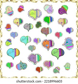 Patrón de amor sin fisuras con textos de caligrafía con letras lindas y corazones, sobres. Gráfica sobre colores agradables. Ilustración dibujada a mano al estilo de las caricaturas. Arte para web, textil, tela. Vector 