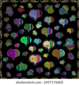 Seamless love pattern with cute lettering calligraphy text and hearts, envelopes, doodles. Graphic hearts love on enjoyable colors. Hand drawn illustration in cartoon style. Vector illustration