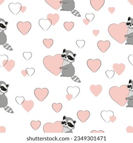 Patrón de amor sin fin con adorables mapaches panda y corazones. Diseño infantil, huella de bebé