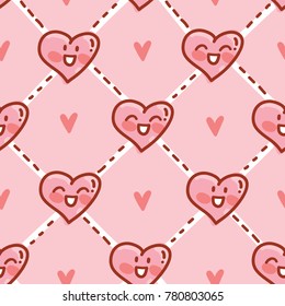 Seamless love pattern with cute pink smiling heart characters. Vector hand drawn background tile art in cartoon, doodle style