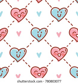 Seamless love pattern with cute pink smiling heart characters. Vector hand drawn background tile art in cartoon, doodle style
