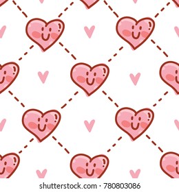 Seamless love pattern with cute pink smiling heart characters. Vector hand drawn background tile art in cartoon, doodle style