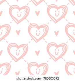 Seamless love pattern with cute pink smiling heart characters. Vector hand drawn background tile art in cartoon, doodle style