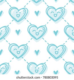 Seamless love pattern with cute pink smiling heart characters. Vector hand drawn background tile art in cartoon, doodle style