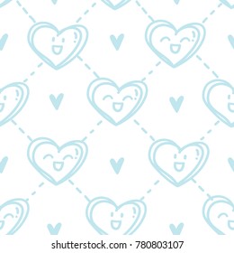 Seamless love pattern with cute pink smiling heart characters. Vector hand drawn background tile art in cartoon, doodle style