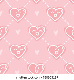 Seamless love pattern with cute pink smiling heart characters. Vector hand drawn background tile art in cartoon, doodle style