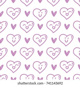 Seamless love pattern with cute smiling heart characters. Hand drawn illustration in doodle, cartoon style, purple color. Art for background texture design for web, print, textile, fabric, cloth