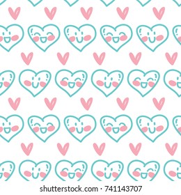 Seamless love pattern with cute smiling heart characters. Hand drawn illustration in doodle, cartoon style, turquoise and pink color. Art for background texture design for web, print, textile, fabric