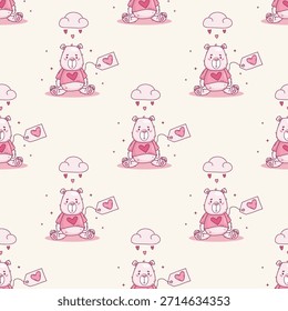 Patrón de amor sin fisuras. Divertido oso de peluche rosa lindo con corazón de San Valentín sobre fondo blanco. Repitiendo Plantilla Doodle Dibujado A Mano Romántica. Ilustración vectorial. No es IA