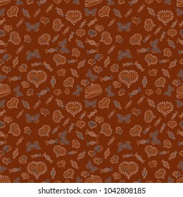 Seamless Love pattern with hand drawn doodle hearts. Valentines Day design. Elements on brown, neutral and beige colors.