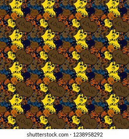 Seamless Love pattern with hand drawn doodle hearts. Valentines Day design. Elements on brown, yellow and black colors.