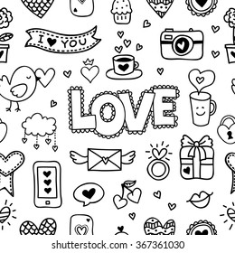Seamless love pattern. Hand drawn love icons background. Outline love symbols, valentines background. Pattern for saint valentines day, wedding pattern