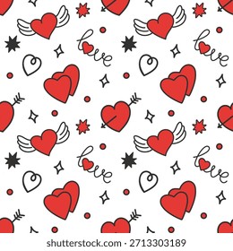 Seamless love pattern with hearts, arrows, and stars on white background.