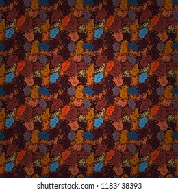 Seamless love pattern with hearts. Love card. Vector illustration. Our love is magic. Cartoon hearts on orange, black and purple colors on cute background.