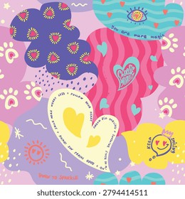Seamless love pattern with hearts, flowers, eyes, playful lettering positive messages. Colorful design with dreamy shapes romantic vibe for Valentines day wrapping paper, girl textile, stationery